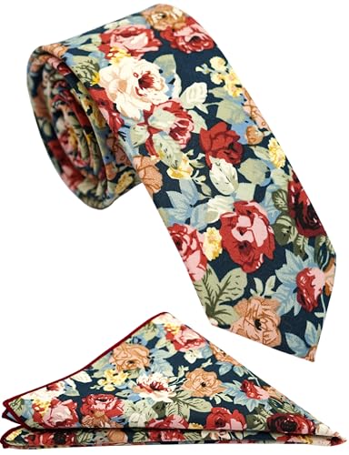 ZENXUS Mens Cotton Skinny Green Floral Tie Combo Set with Pocket Square