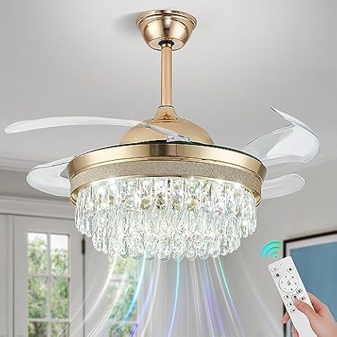 Cainjiazh 42" Dimmable Fandelier Ceiling Fan with Light Crystal Modern Chandelier Ceiling Fan Retractable Chandelier Ceiling Fans 6 Speeds Invisible LED Flush Mount Crystal Fandeliers(Gold) Cover