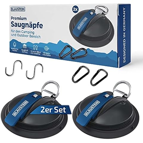 Blaustein 2x Saugnapf Camping - Extra starke Saugkraft bis 15kg - Saugnäpfe mit Haken & Karabiner - Camping Zubehör - Perfekt für Auto oder Camping Bus - Für glatte Oberflächen - Designed in Germany Cover