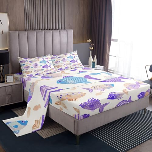 Image of jejeloiu Fish Bed Sheets Set Full Size Ocean Sea Animal Deep Pocket Fitted Sheet Marine Theme Bedding Sets Marine Theme Soft Bed Set 4Pcs with 2 Pillow Cases