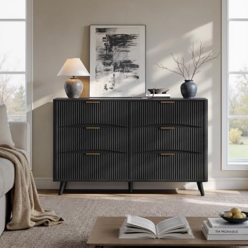 Image of Evermagin 54 inch Curved Fluted 6-Drawer Dresser, Mid-Century Modern Black