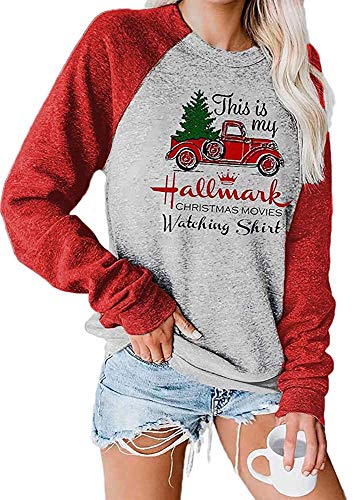 M_Eshop Women's This is My Christmas Movies Watching Shirt Raglan Christmas Sweatshirt (Red, Large)
