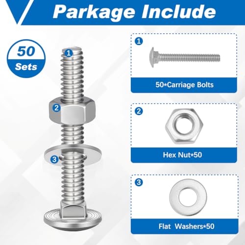Image of Zonon Stainless Steel Carriage Bolts and Nuts Kit Round Head Square Neck Carriage Bolts Screws and Hex Nuts and Flat Washers, Stainless 18-8 Full Thread Coverage(5 /16-18 x 2,Silver,50 Sets)