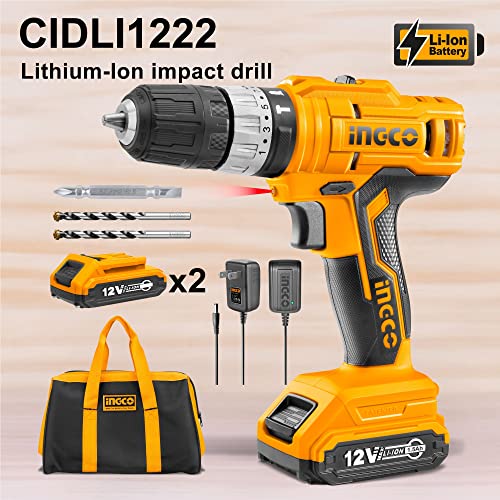 Image of INGCO Lithium-Ion Impact Drill - 12V Cordless, 20000BPR, 25NM Max Torque, 2pcs Battery Pack & 1hr Fast Charger