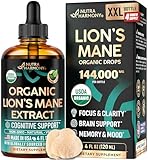 Lions Mane Liquid - USDA Certified Organic Lions Mane Supplement - Brain Support, Energy, Memory & Focus - Sugar & Alcohol-Free Lion's Mane Mushroom Extract 144,000 mg / Bottle, 4fl oz, 4 Month Supply