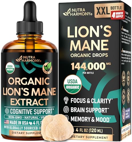 Lions Mane Liquid - USDA Certified Organic Lions Mane Supplement - Brain Support Energy Memory & Focus - Sugar & Alcohol-Free Lions Mane Mushroom Extract 144 000 mg / Bottle 4fl oz 4 Month Supply