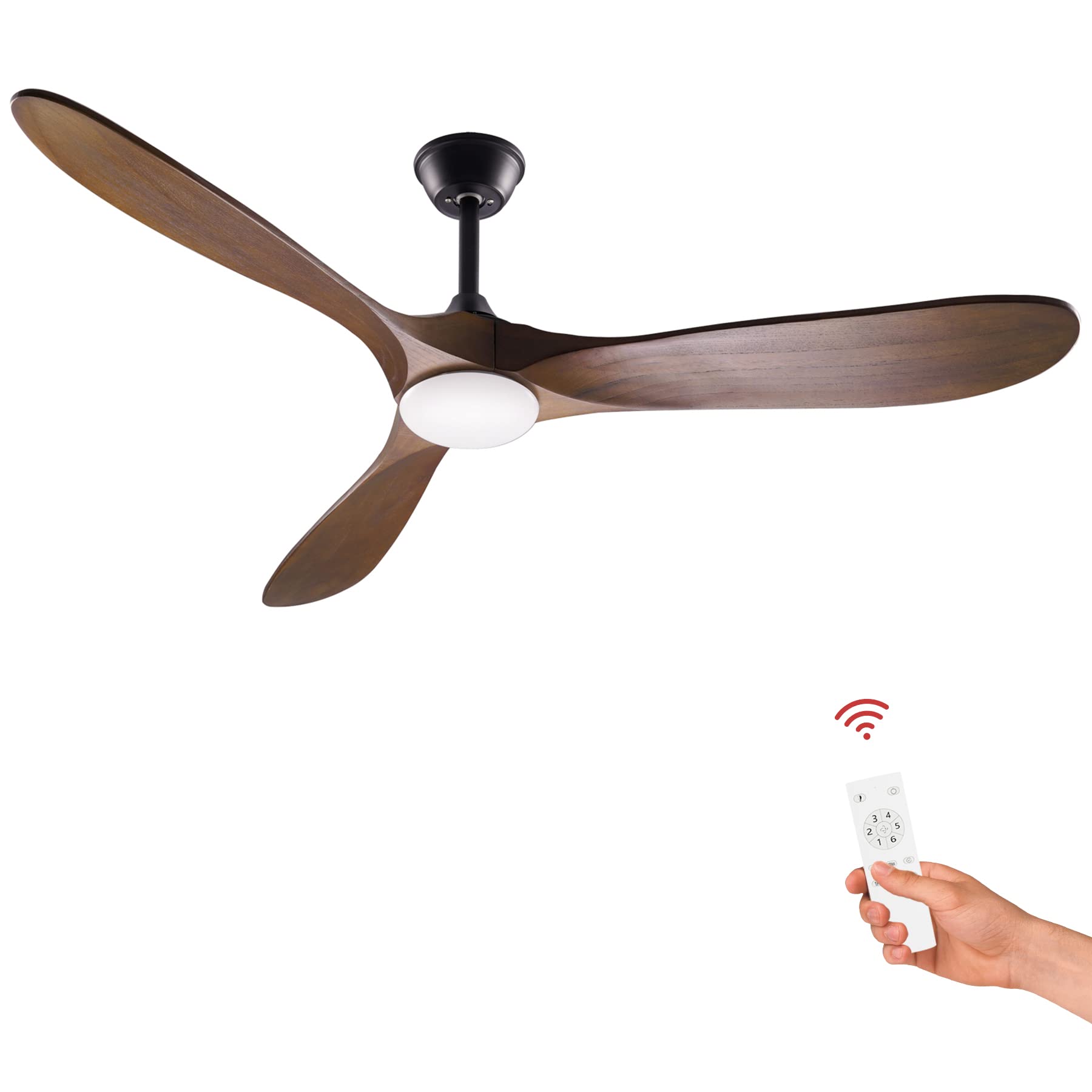 60" Large Ceiling Fan with Light & Remote,Outdoor Flush Mount Low Profile Ceiling Fan for Patios Bedroom Kitchen Living Room, 3 Wooden Blades, 6 Speeds, Quiet Reversible Motor