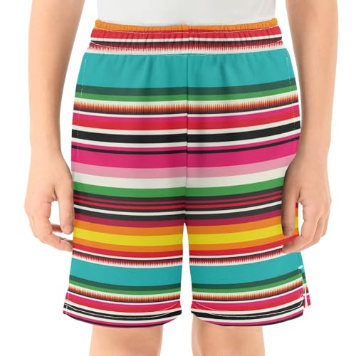 Colorful Mexican Stripes Athletic Shorts with Zipper Pockets, Youth Boys Athletic Running Shorts for Summer2