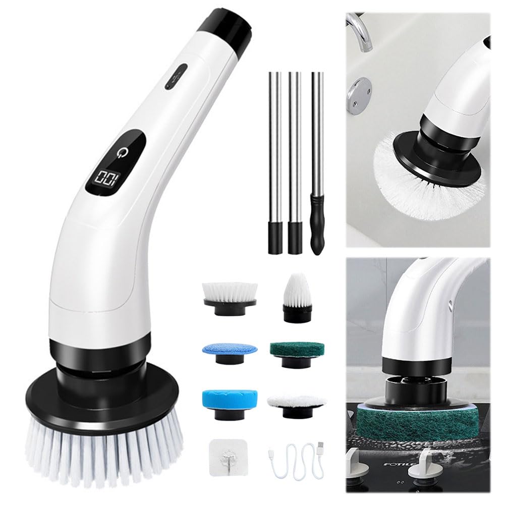 Cepillo eléctrico giratorio con 7 cabezales de cepillo reemplazables, cepillo de limpieza inalámbrico con mango extensible, limpiador eléctrico para baño, bañera, azulejos, suelo