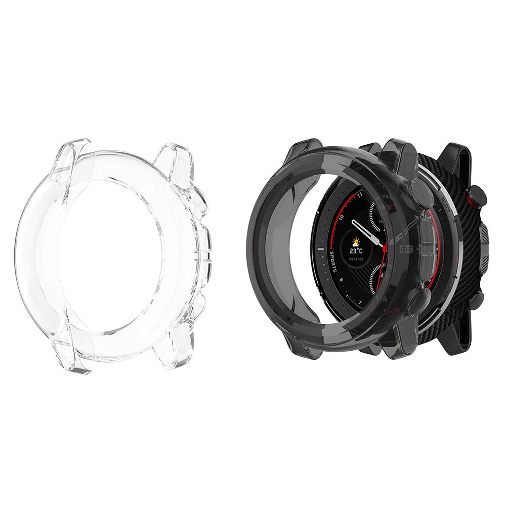Compatible for Amazfit Stratos 3 Case, Blueshaw Silicone TPU Protective Case Cover Compatible for Amazfit Stratos 3 Smartwatch (2 Pack-Black+Clear)