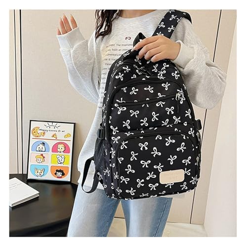 Pink Bow Backpack for Girls, Coquette Backpack Cute Kawaii Nylon Rucksack, Cute Bow Backpacks 3pcs Set (Black)3