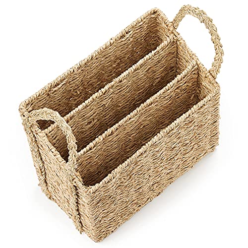 Americanflat Seagrass Magazine & Newspaper Storage Basket - Decorative Handwoven Wicker for Organizing at Home - 3 Rectangular Compartments (Natural Color)