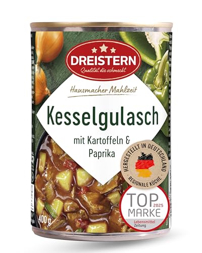 DREISTERN Kesselgulasch 400g I Mit Kartoffeln & Paprika I Herzhaftes Fertiggericht in recyclebarer Konservendose I Lange Haltbarkeit dank natürlicher Konservierung I Hausmacher Qualität