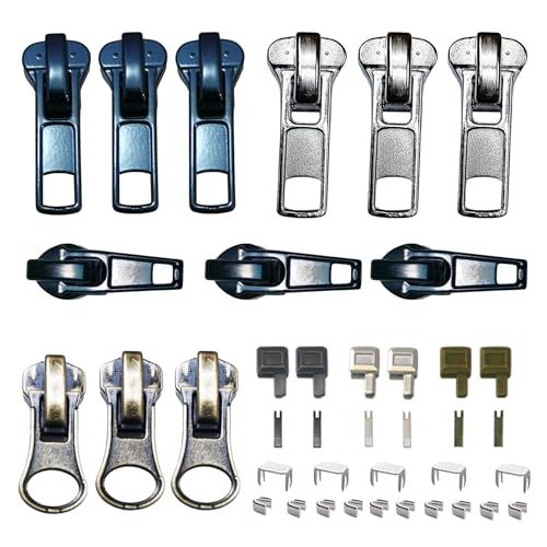 Zipper Repair Kit 39 Pcs, #5 Sliders with Pull, Metal Zippers Retainer Box,Insertion Pin 6 Sets, Replacement Zip Bottom/Top Stop, Metal, Plastic, Nylon Coil Zippers Head FIx on Jaceket