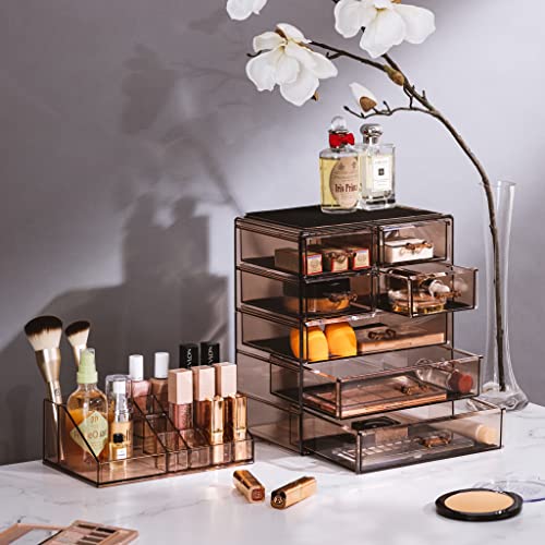 Sorbus Clear Cosmetic Makeup Organizer - Make Up & Jewelry Storage, Case & Display - Spacious Design - Great Holder For Dresser, Bathroom, Vanity & Countertop (3 Large, 4 Small Drawers - Bronze Glow) #TOP2