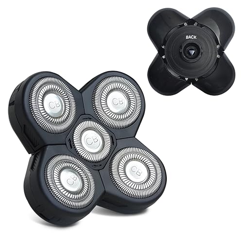 交換用シェーバーヘッド、ユニバーサルロータリーウェット&ドライ5枚刃ヘッド、粗い髪、頭蓋骨、顔、体、腕、脚、背中、胸、1ユニット、カットバディ。