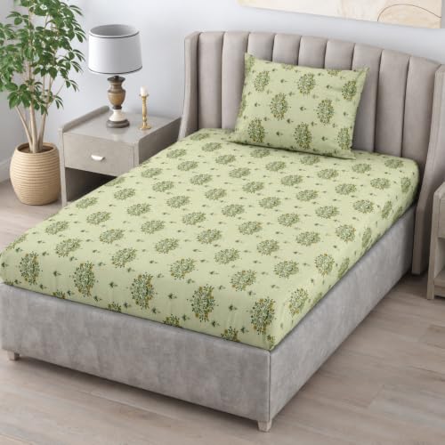 Image of Bombay Dyeing Single Cotton 164 TC Floral Bedsheet, 100% Cotton, Premium Soft Feel, Quality Stitch & Fade Resistant, 152 X 228 Cms / 60 x 90 Inches, with 1 Pillow Covers, 60 Green