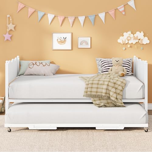 Image of Daybed with Trundle, Metal Twin Size Day Bed with Industrial Wood Grain Headboard, Metal Slat Support & Lockable Casters, Space-Saving Sofa Bed for Living Room /Guest Room, No Box Spring Needed, White