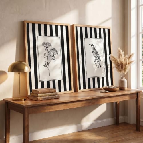 Image of YANVEER Set of 2 Minimalist Black & White Framed Wall Painting for Living Room | Modern Botanical & Bird Illustration Wall Art | Aesthetic Striped Wall Decor Frames for Bedroom, Office & Hall (13x inches)