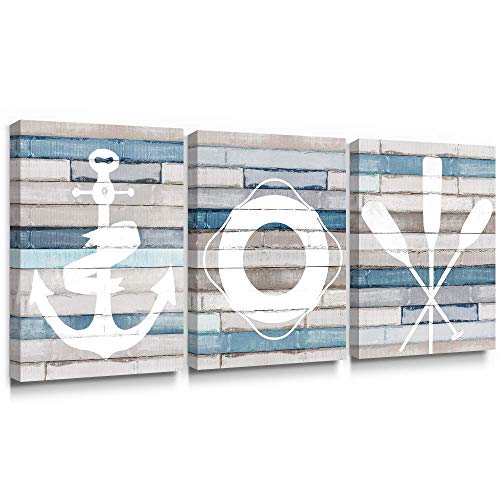 Adecuado Bathroom Decor Wall Art Coastal Nautical Beach Decor Anchor Life Ring Boat Oar Decorations Blue Ocean Rustic Canvas Paintings for Living Room Bedroom Nursery 12x16 Inch, 3 Piece