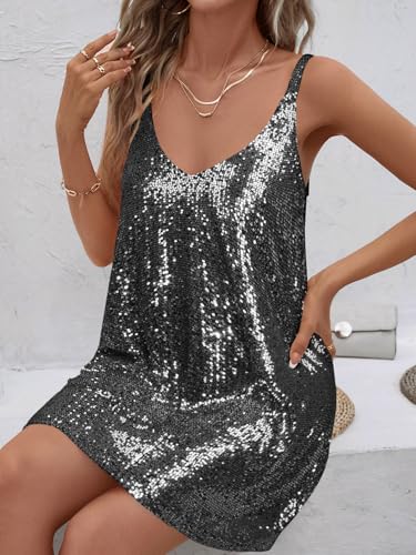 Image of MIYIEONZ Women Sequin Sexy V Neck Shift Dress Sparkly Glitter Sleeveless Short Flowy Loose Party Night Out Club Dress