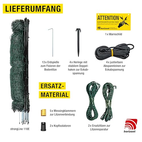 horizont strongLine Hühnerzaun mit Strom, 25m 110cm hoch - 9 Fiberglaspfähle mit Doppelspitze - Geflügelnetz, mobiler Geflügelzaun, Gartenzaun, mobiler Zaun