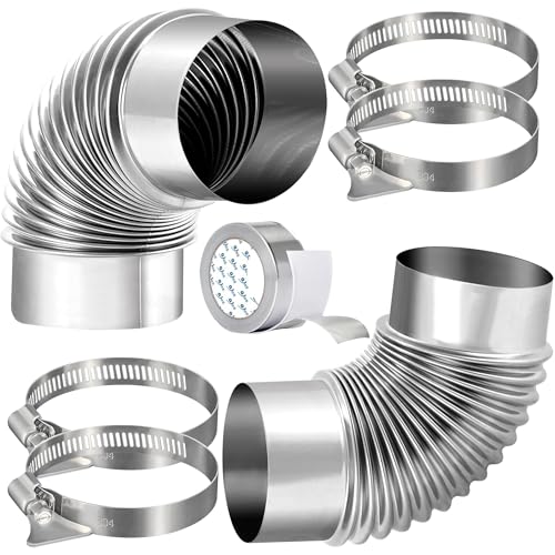 Terixe 2 Pack 4 OD 3.97 ID 90 Degree Dryer Vent Elbow - Non-Flexible Stainless Steel Dryer Vent Elbow with 4 Clamps and Aluminum Foil Tape - Fits Tight Spaces for 4 in HVAC Ductworks Pipes