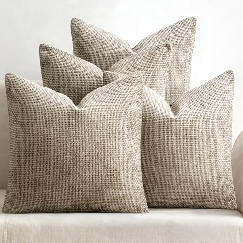 Image of MIULEE Pack of 4 Couch Throw Pillow Covers 18x18 Inch Khaki Soft Decorative Chenille Pillow Covers Farmhouse Accent Cushion Covers for Boho Home Decor Sofa Bedroom Living Room