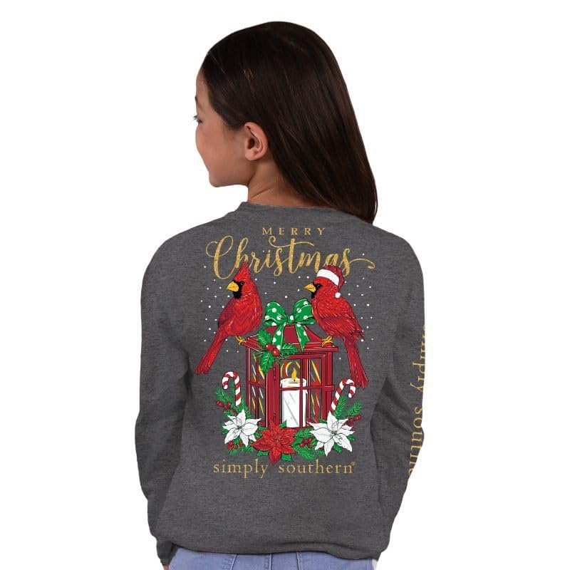 Simply Southern Youth | Merry Christmas Cardinal | Preppy and Stylish Girl’s Dark Heather Gray Relaxed-Fit Medium Long Sleeve T-Shirt