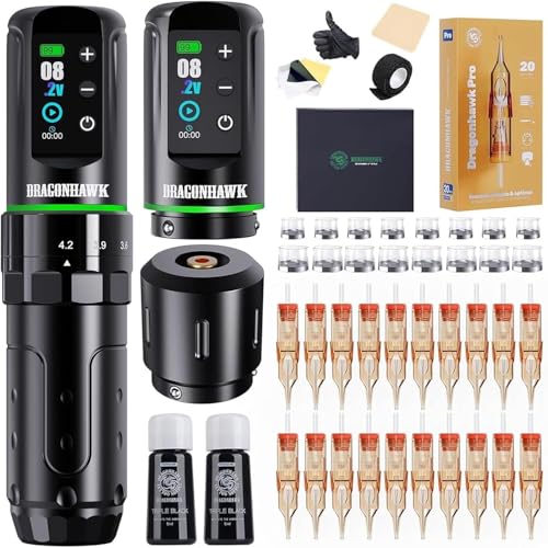 Dragonhawk L3 Kit de Tatouage Machine à Tatouer Sans Fil, rotative Tattoo Gun complet de tatouage 7 Strokes Length, 2 Batteries 2000 mAh, RCA Connect,...