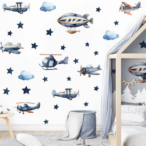 Airplanes Wall Stickers, Airplanes Wall Decals for Kids Room,Helicopters, Airboats, Clouds, Stars Mural Decor,Removable Helicopter Sticker for Kid...