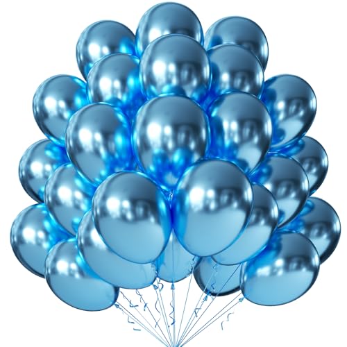 Image of KALOR 10 Inch Metallic Blue Balloons, 100 Pcs Latex Helium Metallic Balloons for Kid's Birthday Party Baby Shower Wedding Graduation Graduation Party Decorations