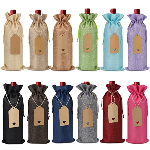 Tigerkinwit Bolsas para Botellas de Vino 12 Piezas Bolsas de Regalo de Vino Cordón con 12 Etiquetas y 10 Metro Cuerda de Cáñamo Fundas Reutilizables para Botellas de Vino(12 Colores)