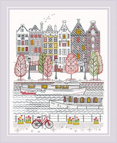 Image of RIOLIS - City on Water 2051, Blackwork Stitch Kits 9 inch x 11 inch, Blackwork Stitch Kits for Beginners & Advanced, Blackwork Kits Adult, Embroidery Kit