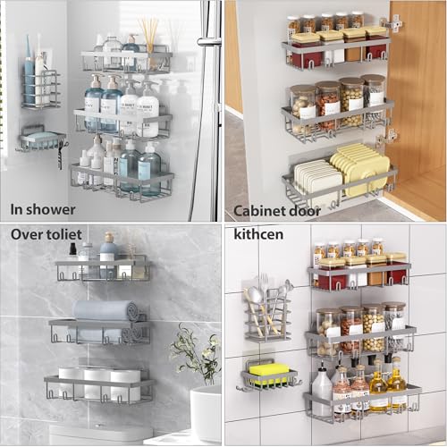 Image of Liuoud 10 Pack Shower Caddy Organizer Rack Shelf for Inside Shower, Self Adhesive Wall Storage Basket Rustproof Stainless Steel Shampoo Holder Bathroom Accessory Decor Set, Grey