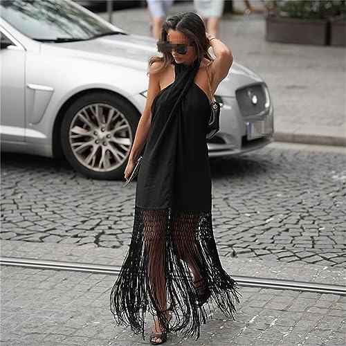 Black Fringe Hem Dress Women's Chic Elegant Halter Neck Midi Dress2