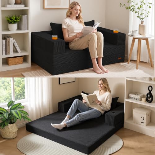 Image of COMAX Boneless Futon Sofa Bed, 59 inch Small Low-Profile Floor Couch, Black