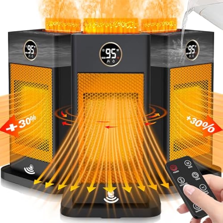 Space Heater with Humidifier, 3-in-1 Space Heaters for Indoor Use with Motion Sensor/3D Flame Effect,1500W Portable Heater for Office/Bedroom/Garage