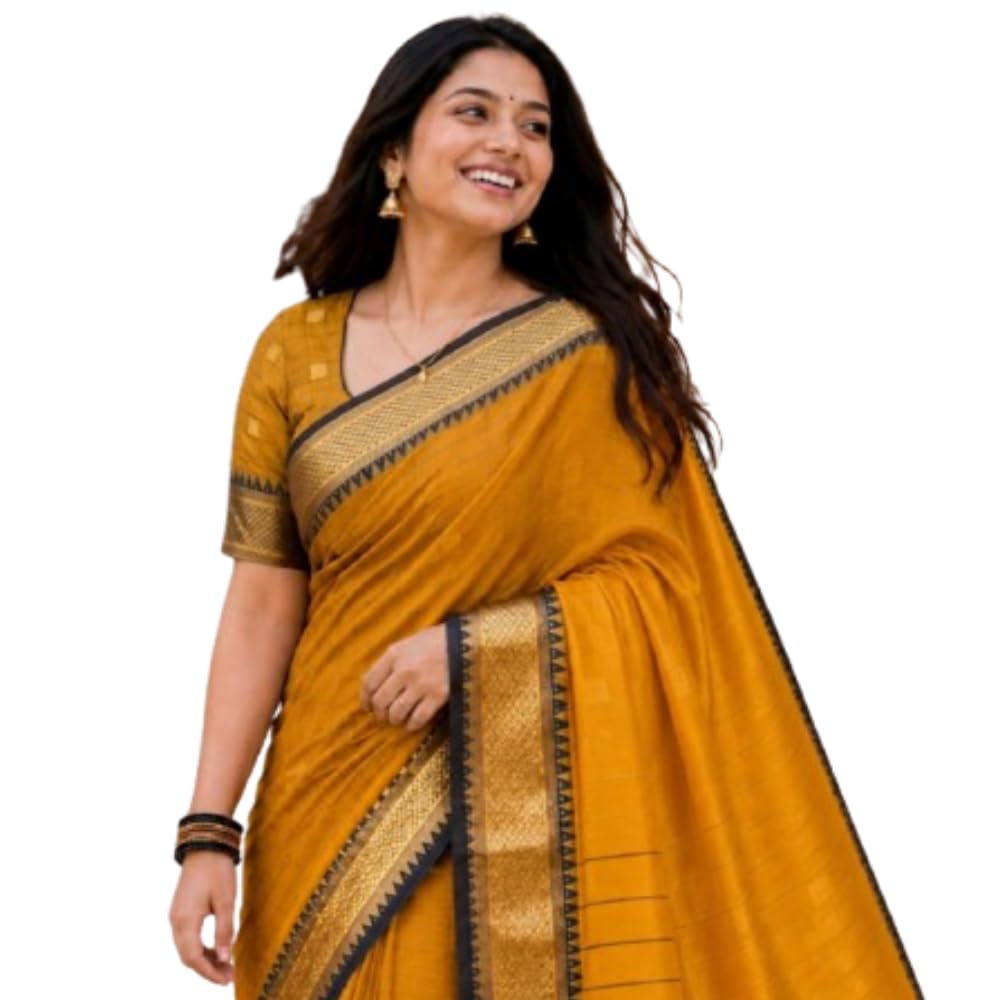 MAHA ENTERPRISES Art Silk Cotton Saree for Women, Lightweight Traditional South Indian Saree, Mustard Yellow with Green Zari Border-image-39