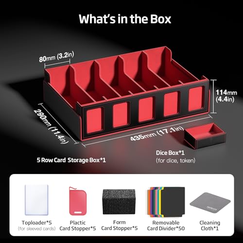 Image of Trading Card Storage Box 5-Row 3900+ Capacity,TCG MTG Card Case with Magnetic Lid & Commander Display,Top Loader Storage for Sports Cards,Includes Dividers Dice Box(Black Red)
