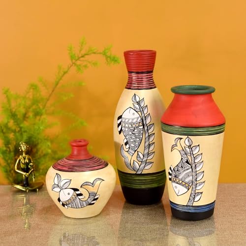 Image of Aakriti Art Creations Handpainted Earthen Vases with Madhubani Art Set of 3 | Red & Shimmer Gold Terracotta Flower Vases | Matte Finish Decorative Vases for Living Room, Table Decor & Gifting