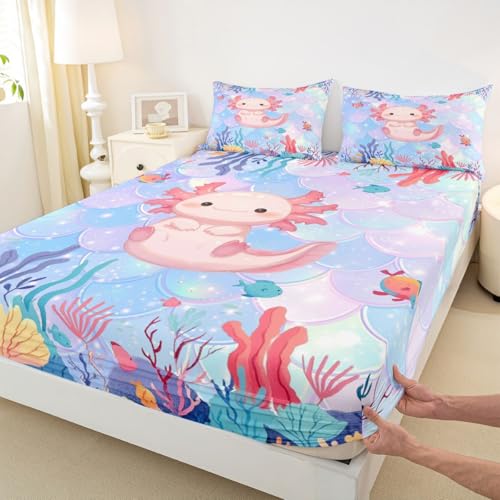 Image of jejeloiu Cute Axolotl Bed Sheets Set Full Size Kawaii Ocean Sealife Bed Set for Kids Boys Girls Cartoon Salamander Deep Pocket Fitted Sheet Reptile Animal Breathable Soft Lightweight Microfiber