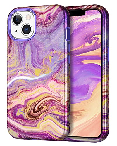 CASEFIV Compatible with iPhone 13 Case, Marble Pattern 3 in 1 Heavy Duty Shockproof Full Body Rugged Hard PC+Soft Silicone Drop Protective Girls Women Cover for iPhone 13 6.1 inch 2021, Purple Sand