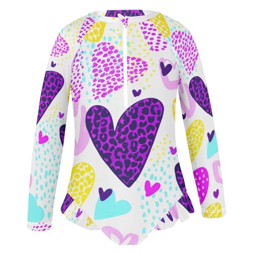 Purple Yellow Hearts Girls Long Sleeve One-Piece Swimsuit UV Protection Swimwear Bathing Suit 208617772
