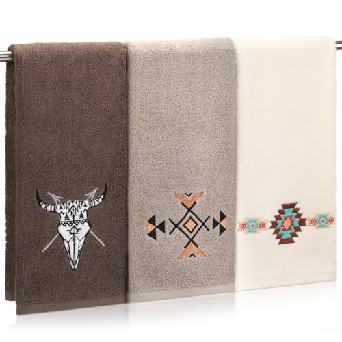 SmoothNovelty 3 Pcs Western Aztec Hand Towels 14 x 29 Inch Cotton Embroidered Cow Bull Skull Southwest Sunset Bathroom Hand Towels Boho Aztec Theme Decorative Washcloth for Kitchen Vintage Decor