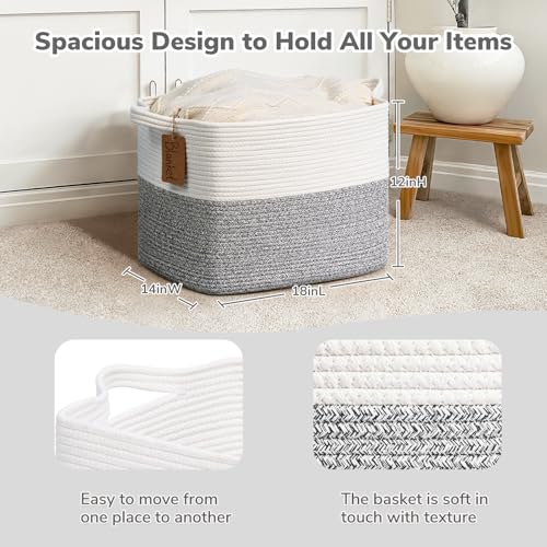 Image of Goodpick 50L Large Woven Rope Storage Basket with Handles, Light Gray