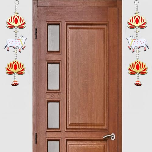 Image of Saugat Traders Handmade Pichwai Cow and Lotus Wall Hanging for Decoration | Diwali Decorations | Floral Hangings for Home Decoration, Temple, Main Door Entrance | 1 Pair | 17 Inch Each