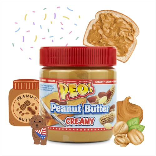 PEO's 12 x 350 g de mantequilla de cacahuete cremosa, mantequilla de cacahuete natural de granos de cacahuete tostados, delicioso cacahuete con sabor completo, paquete de 12 unidades