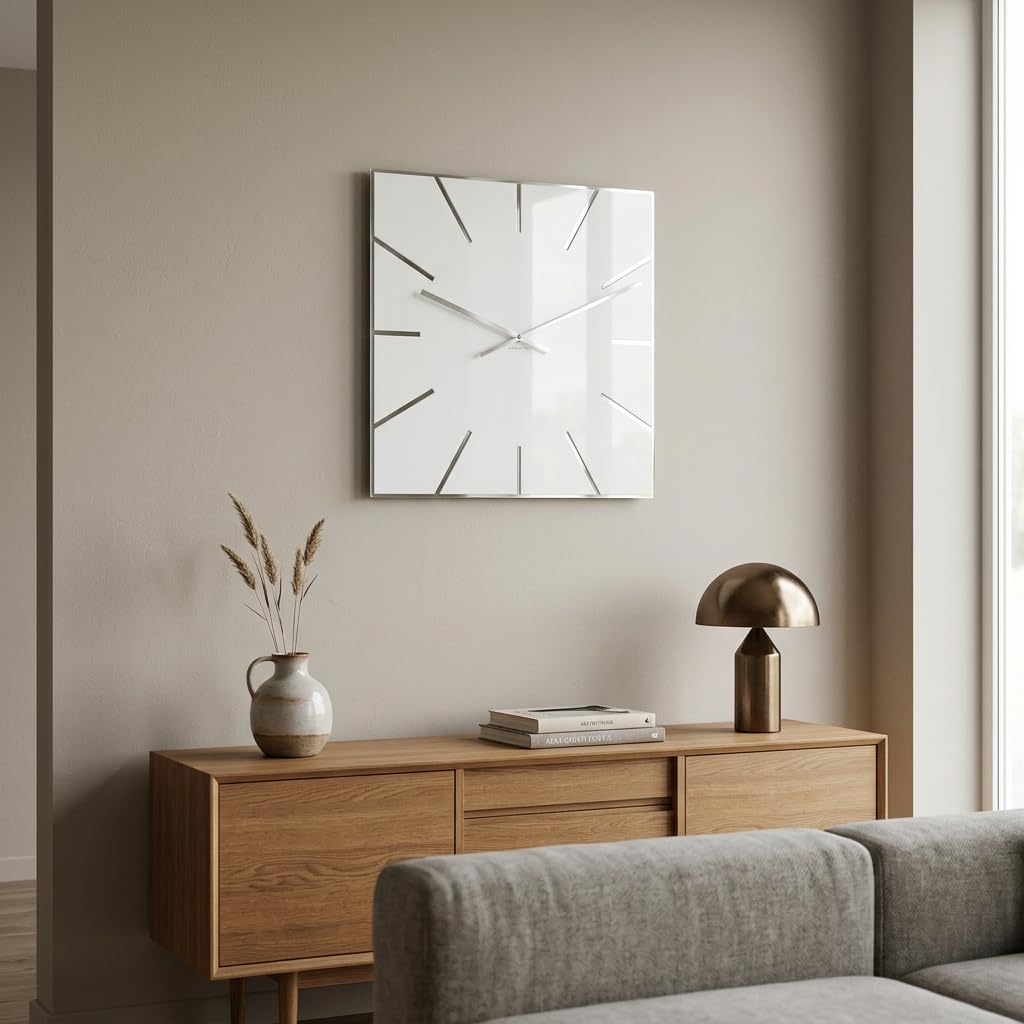 FLEXISTYLE Moderno grande orologio da parete Exact 50 cm, vetro acrilico e specchio acrilico, silenzio, soggiorno, camera da letto (bianco)