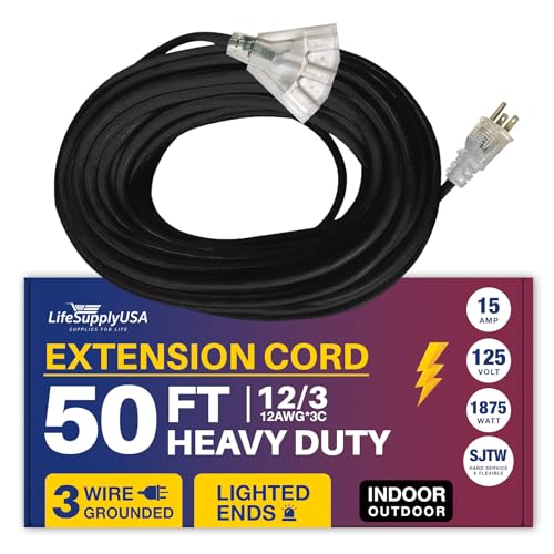 Lifesupplyusa 123350FTBK 50Ft Power Outdoor Extension Cord & Indoor - Waterproof Electric Drop Cord Cable - 3 Prong, 3-Outlet, Sjtw, 12 Gauge, 15 Amp, 125 Volts, 1875 Watts, 12/3 By Lifesupplyusa cover
